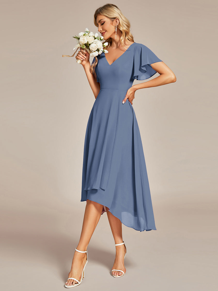 Flowing Chiffon V-Neck Ruffle Sleeves Bridesmaid Dress  #color_Dusty Blue