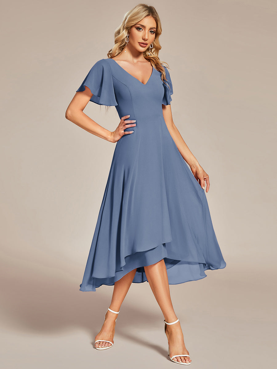 Flowing Chiffon V-Neck Ruffle Sleeves Bridesmaid Dress  #color_Dusty Navy