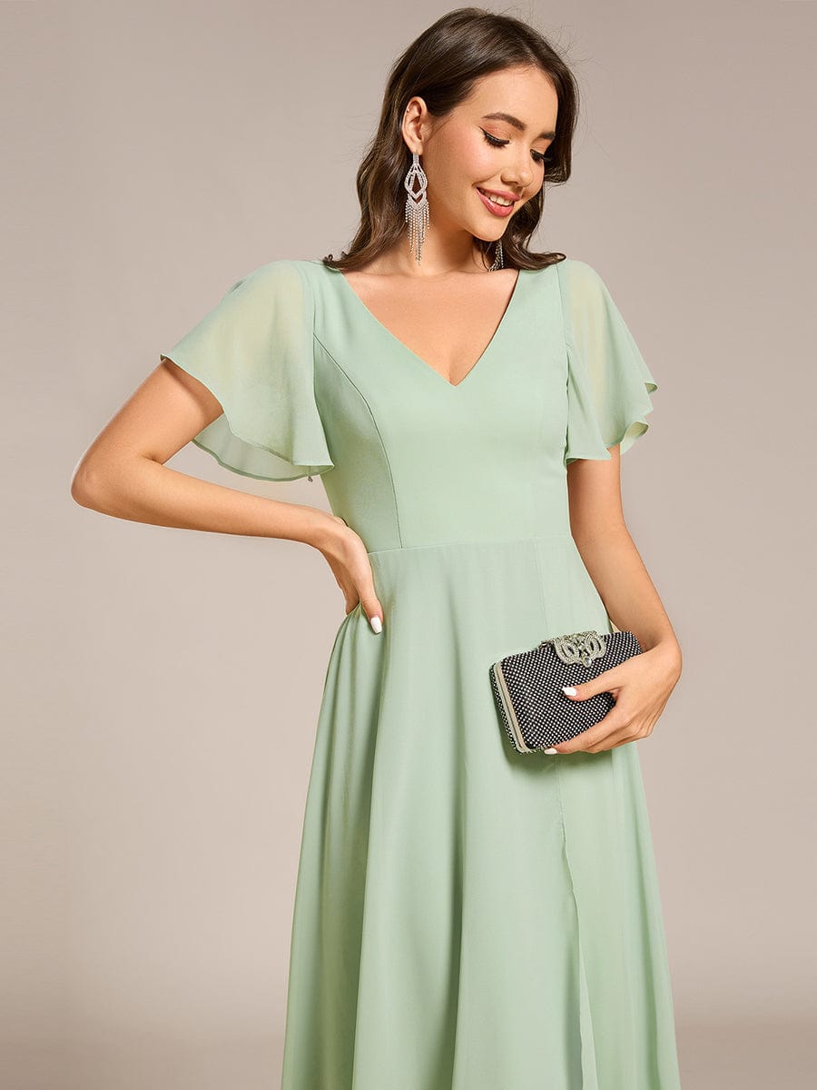 Flowing Chiffon V-Neck Ruffle Sleeves Bridesmaid Dress  #color_Mint Green