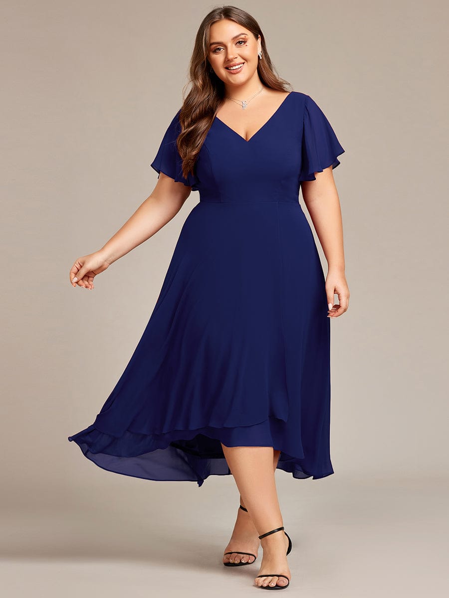 Flowing Chiffon V-Neck Ruffle Sleeves Bridesmaid Dress  #color_Navy Blue