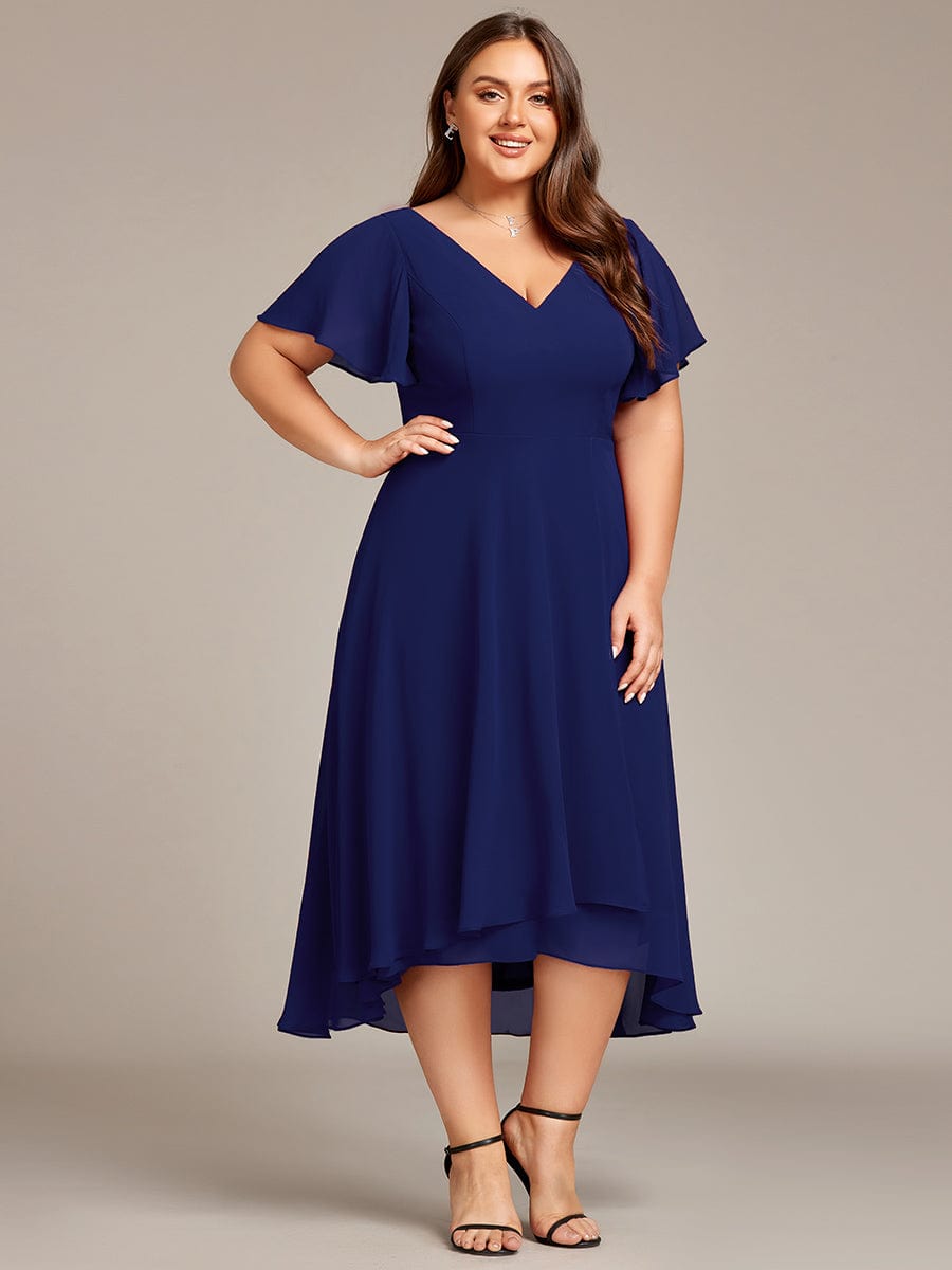 Plus Size Flowing Chiffon V-Neck Ruffle Sleeves Bridesmaid Dress  #color_Navy Blue