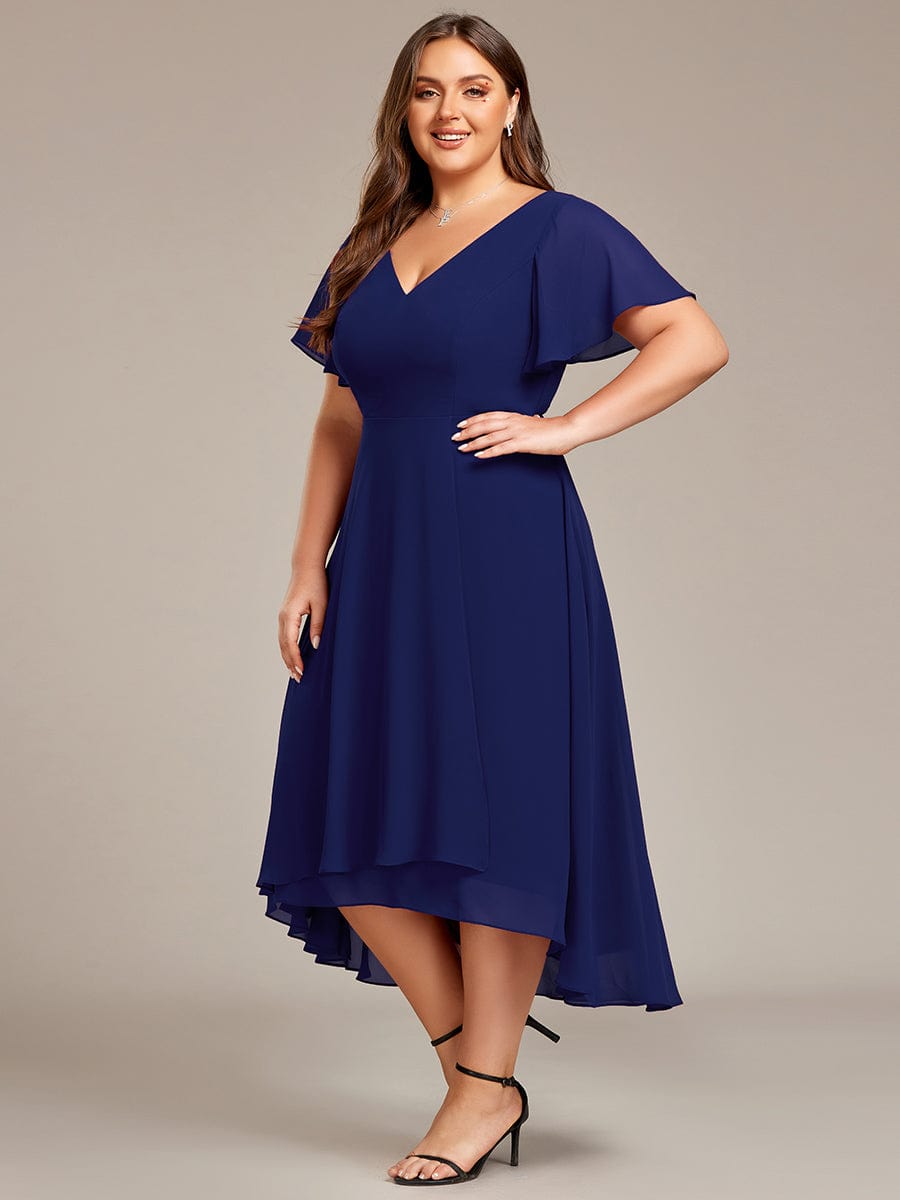 Plus Size Flowing Chiffon V-Neck Ruffle Sleeves Bridesmaid Dress  #color_Navy Blue