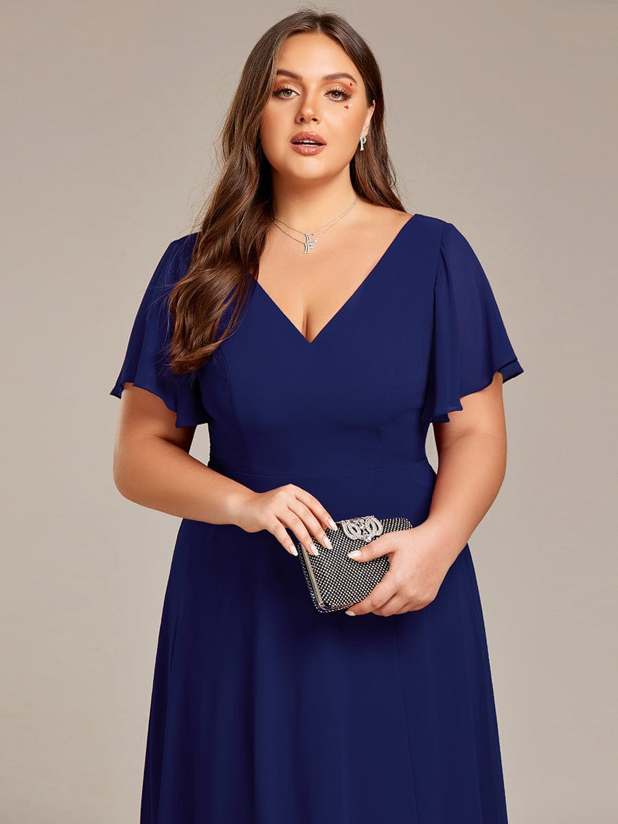 Flowing Chiffon V-Neck Ruffle Sleeves Bridesmaid Dress  #color_Navy Blue