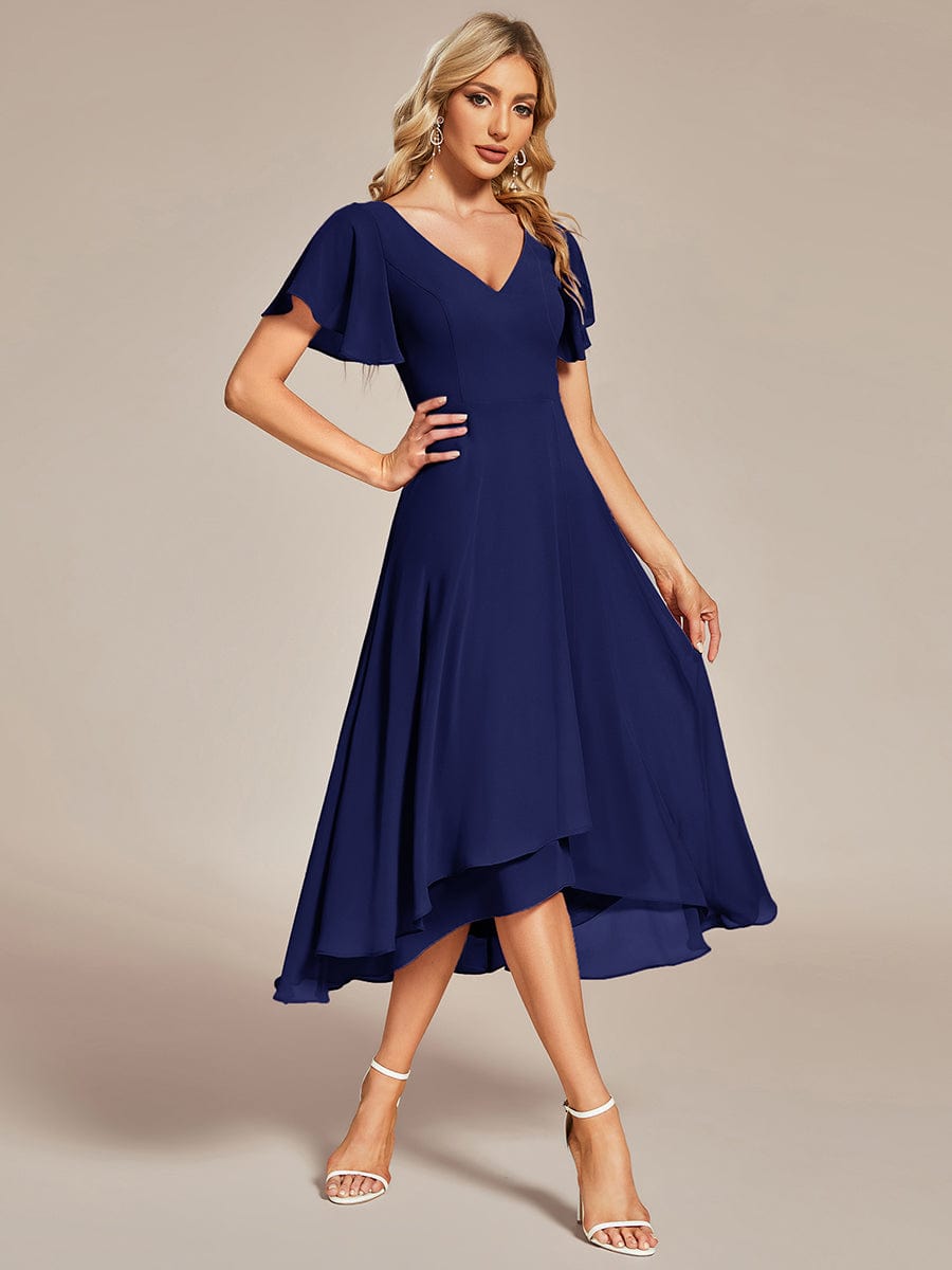 Flowing Chiffon V-Neck Ruffle Sleeves Bridesmaid Dress  #color_Navy Blue