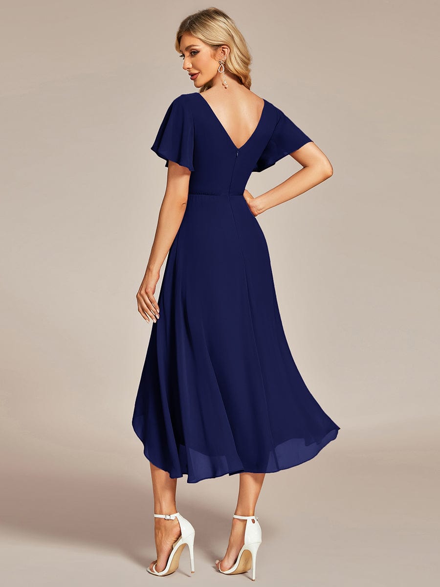 Flowing Chiffon V-Neck Ruffle Sleeves Bridesmaid Dress  #color_Navy Blue