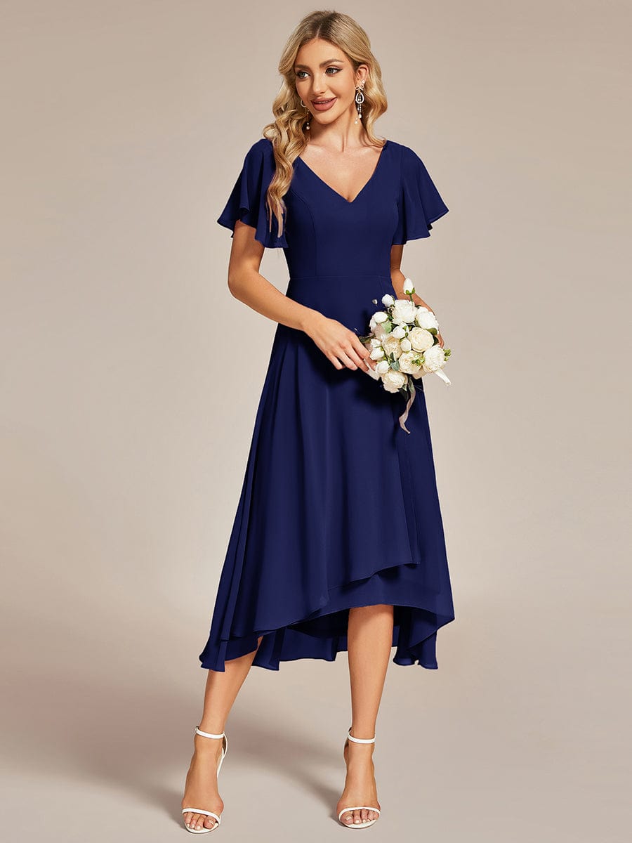 Flowing Chiffon V-Neck Ruffle Sleeves Bridesmaid Dress  #color_Navy Blue