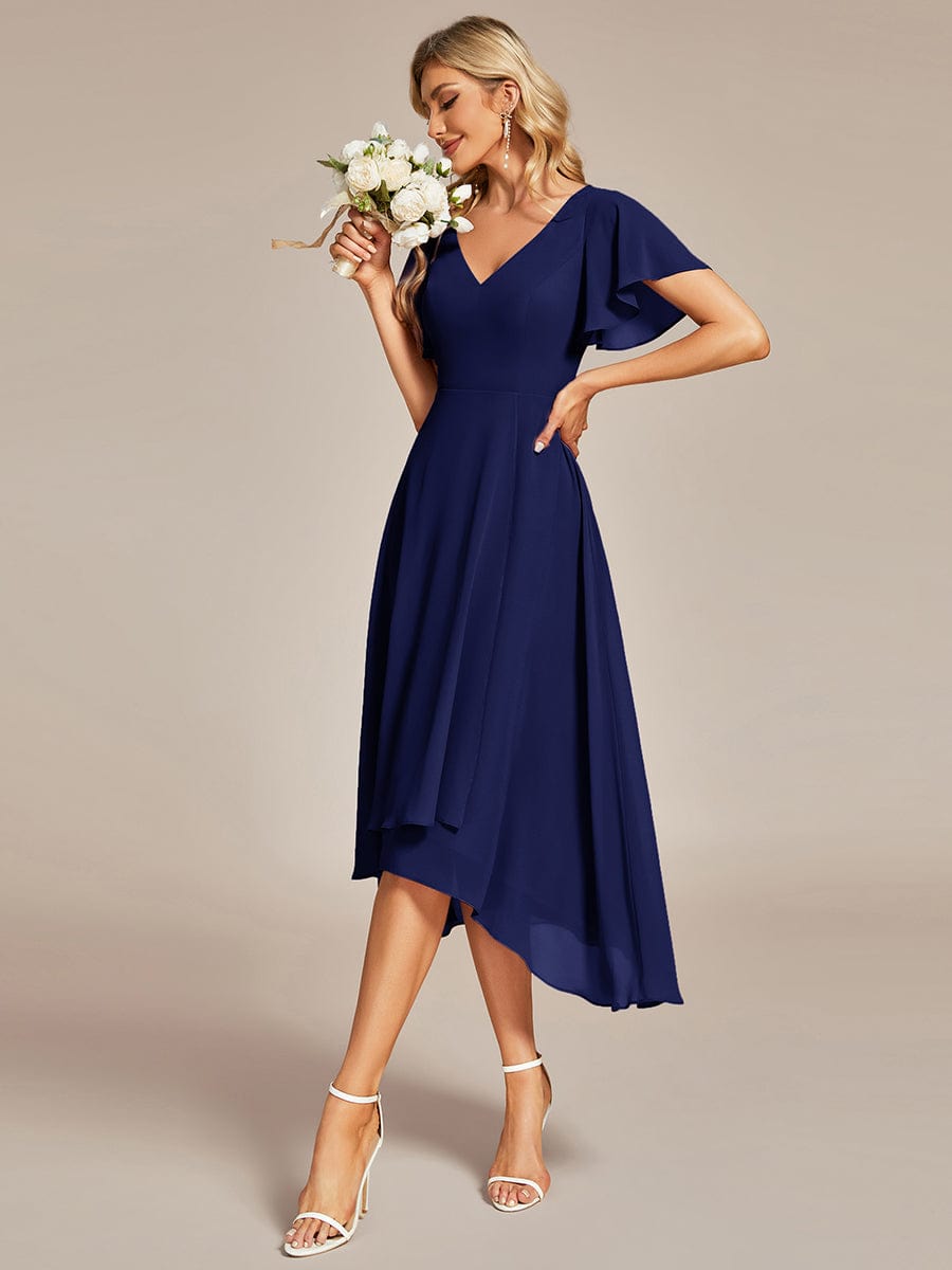 Flowing Chiffon V-Neck Ruffle Sleeves Bridesmaid Dress  #color_Navy Blue