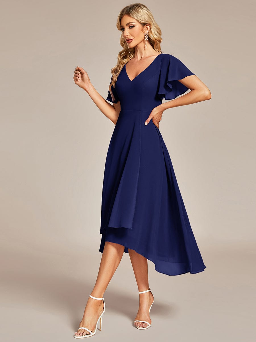 Flowing Chiffon V-Neck Ruffle Sleeves Bridesmaid Dress  #color_Navy Blue