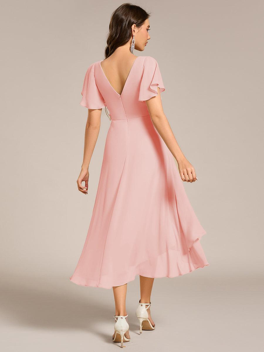 Flowing Chiffon V-Neck Ruffle Sleeves Bridesmaid Dress  #color_Pink