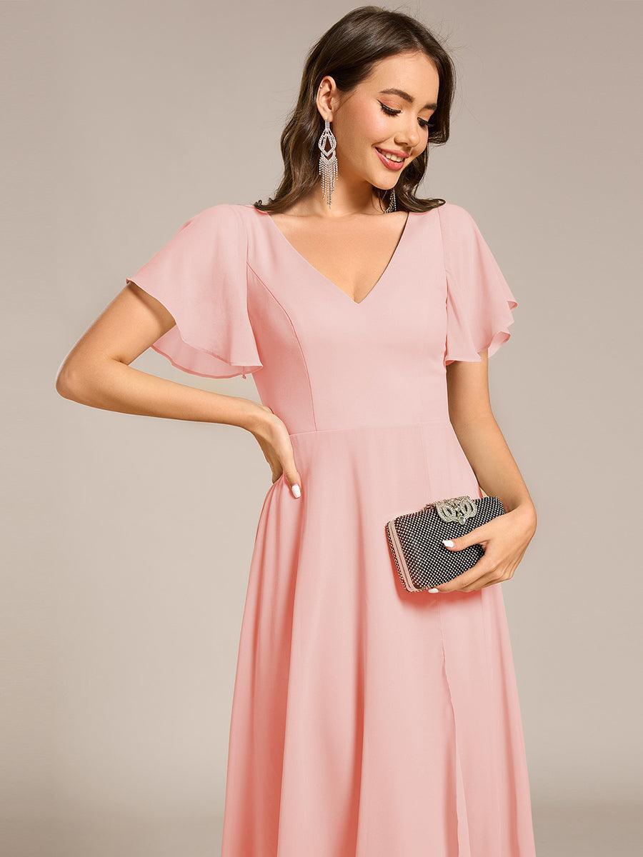 Flowing Chiffon V-Neck Ruffle Sleeves Bridesmaid Dress  #color_Pink