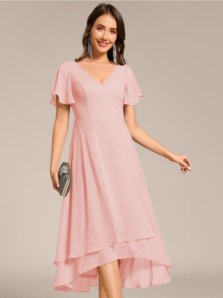 Flowing Chiffon V-Neck Ruffle Sleeves Bridesmaid Dress  #color_Pink