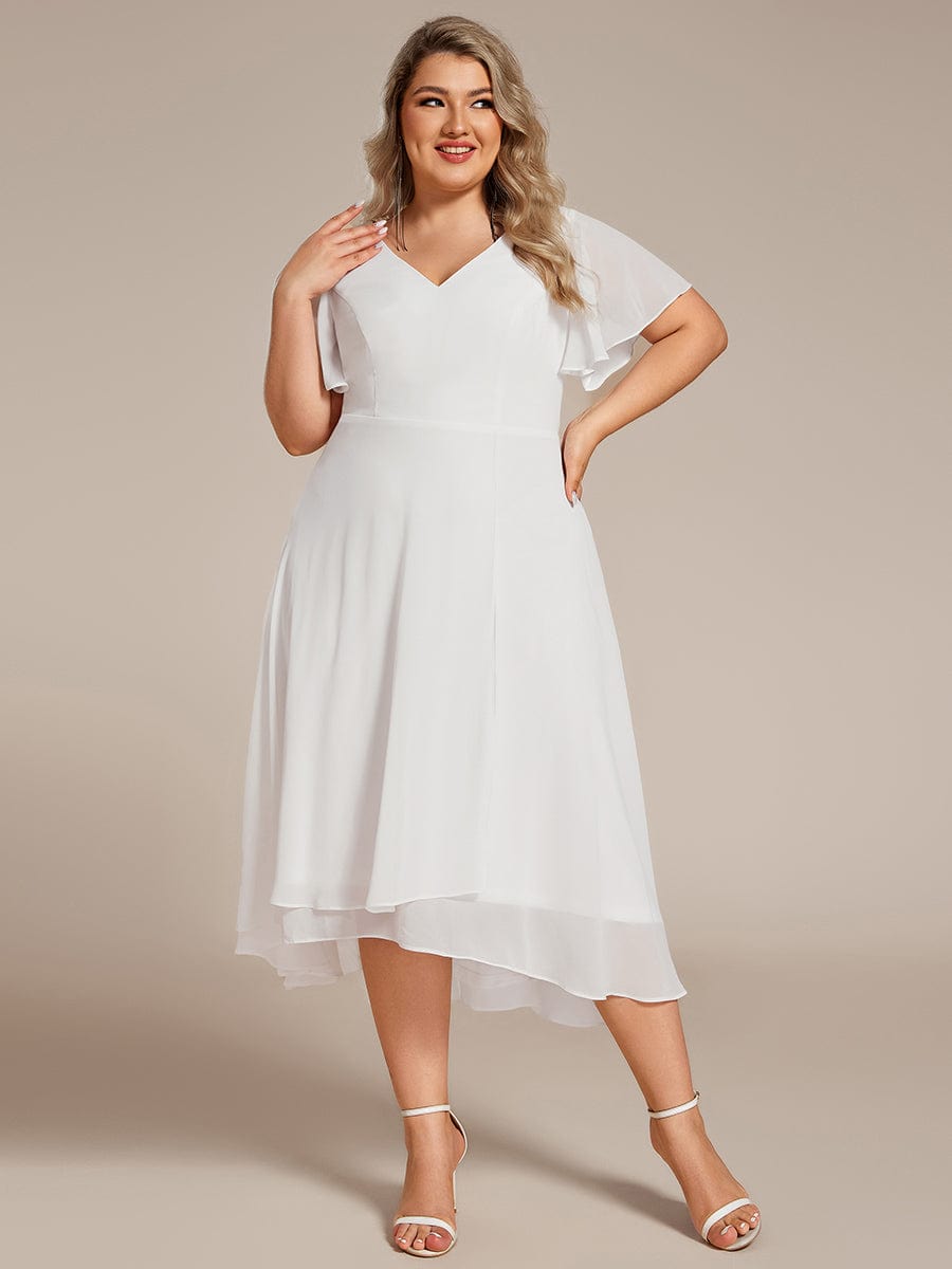 Plus Size Flowing Chiffon V-Neck Ruffle Sleeves Bridesmaid Dress  #color_White