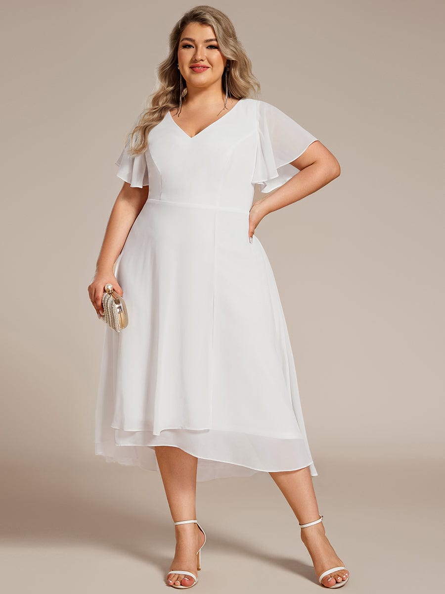 Plus Size Flowing Chiffon V-Neck Ruffle Sleeves Bridesmaid Dress  #color_White