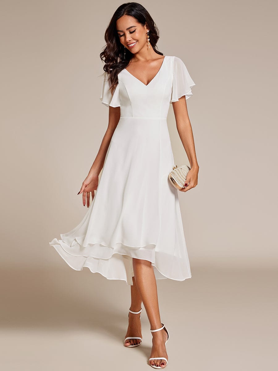 Flowing Chiffon V-Neck Ruffle Sleeves Bridesmaid Dress  #color_White