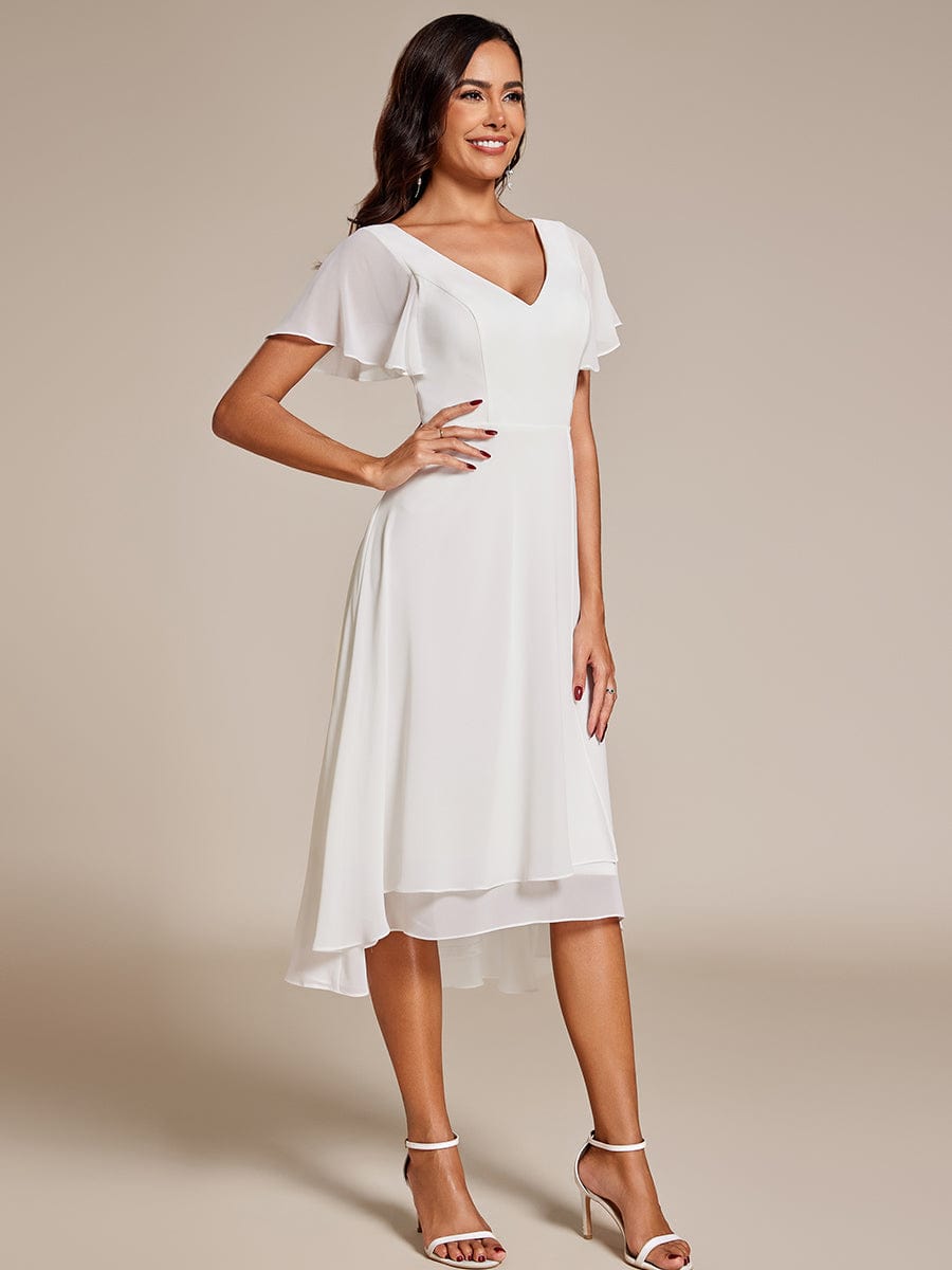 Flowing Chiffon V-Neck Ruffle Sleeves Bridesmaid Dress  #color_White