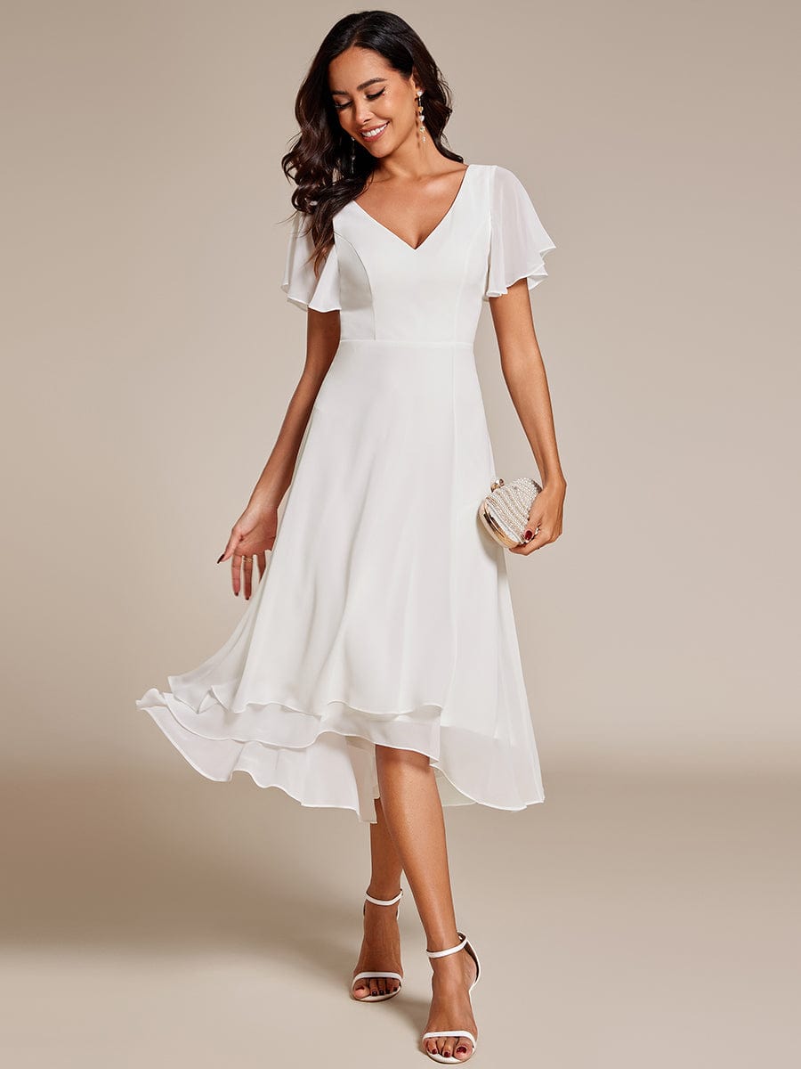 Flowing Chiffon V-Neck Ruffle Sleeves Bridesmaid Dress  #color_White