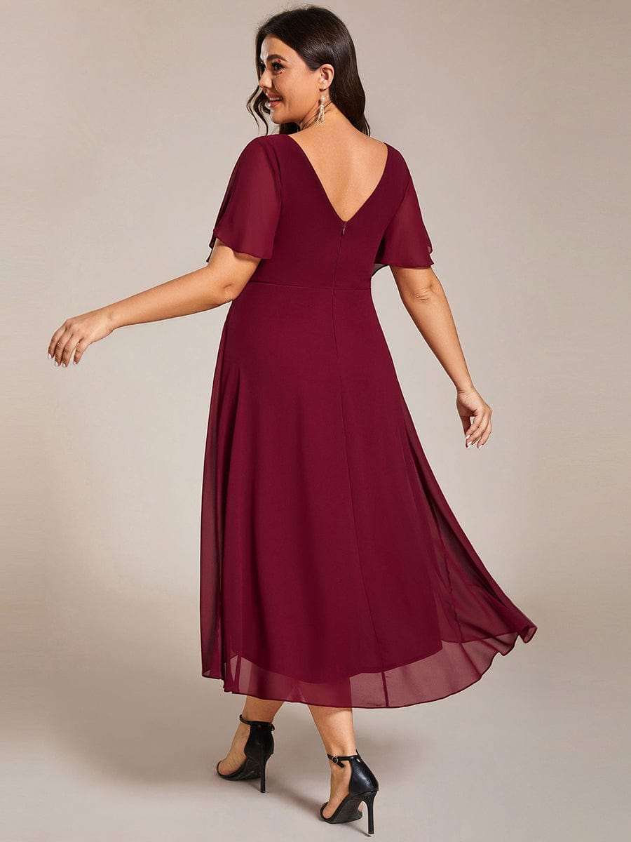 Pleated Asymmetrical Hem Ruffles Sleeve Chiffon Bridesmaid Dress #color_Burgundy