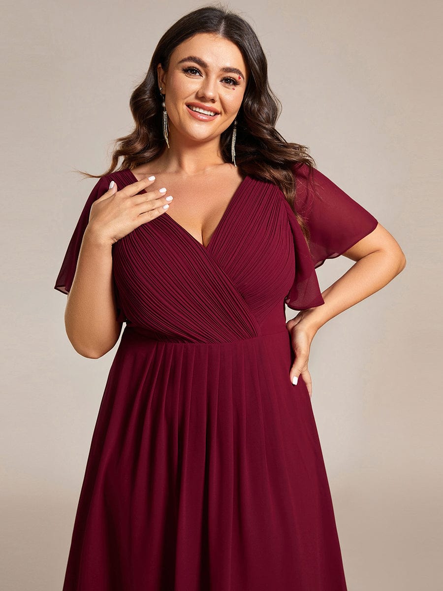 Chic V Neck Asymmetrical Hem Ruffles Sleeve Pleated Chiffon Wedding Guest Dress #color_Burgundy