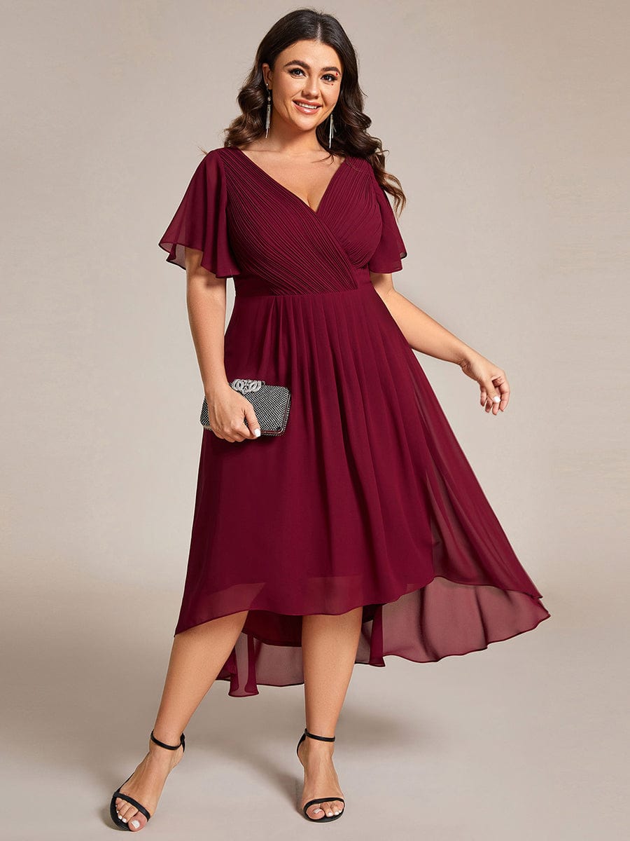 Chic V Neck Asymmetrical Hem Ruffles Sleeve Pleated Chiffon Wedding Guest Dress #color_Burgundy