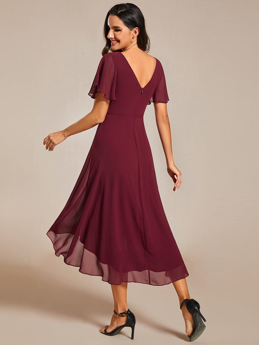 Chic V Neck Asymmetrical Hem Ruffles Sleeve Pleated Chiffon Wedding Guest Dress #color_Burgundy