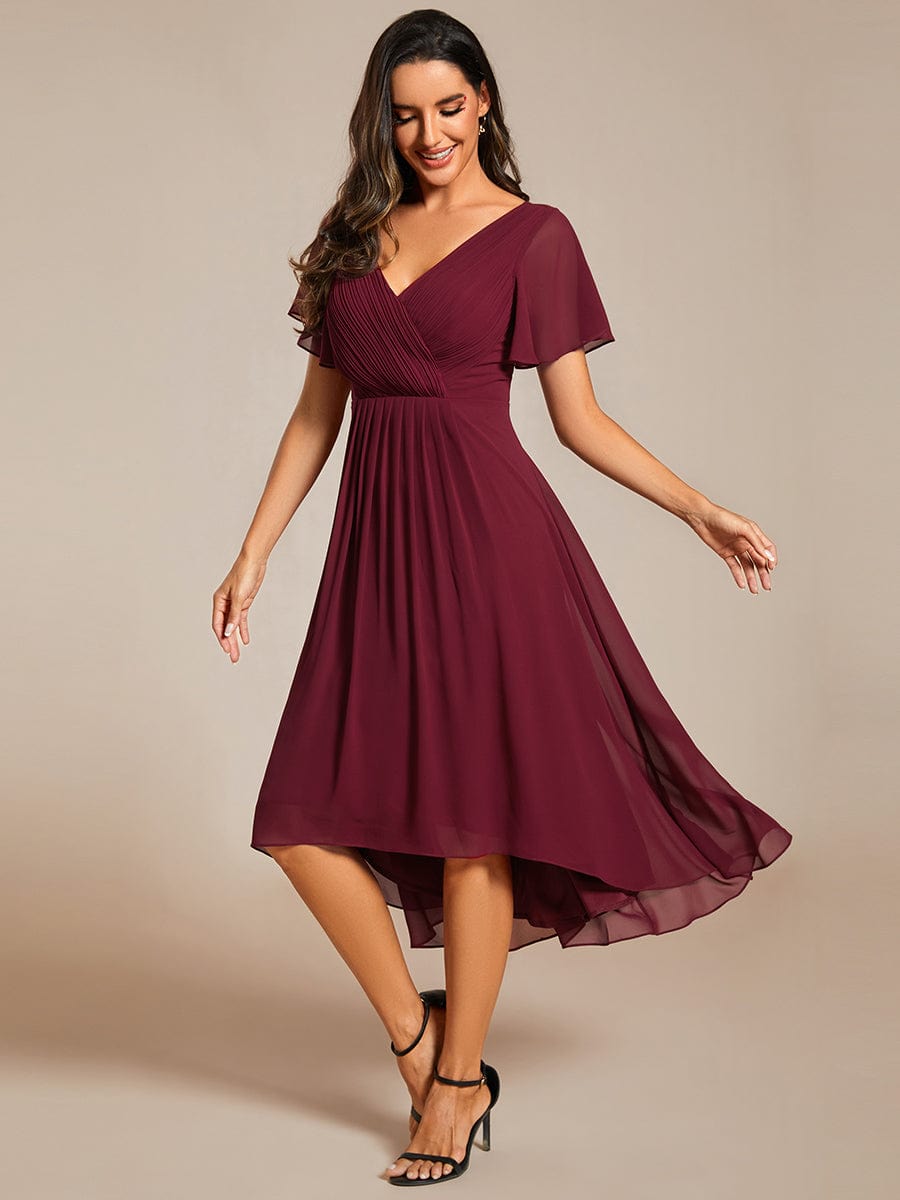 Pleated Asymmetrical Hem Ruffles Sleeve Chiffon Bridesmaid Dress #color_Burgundy