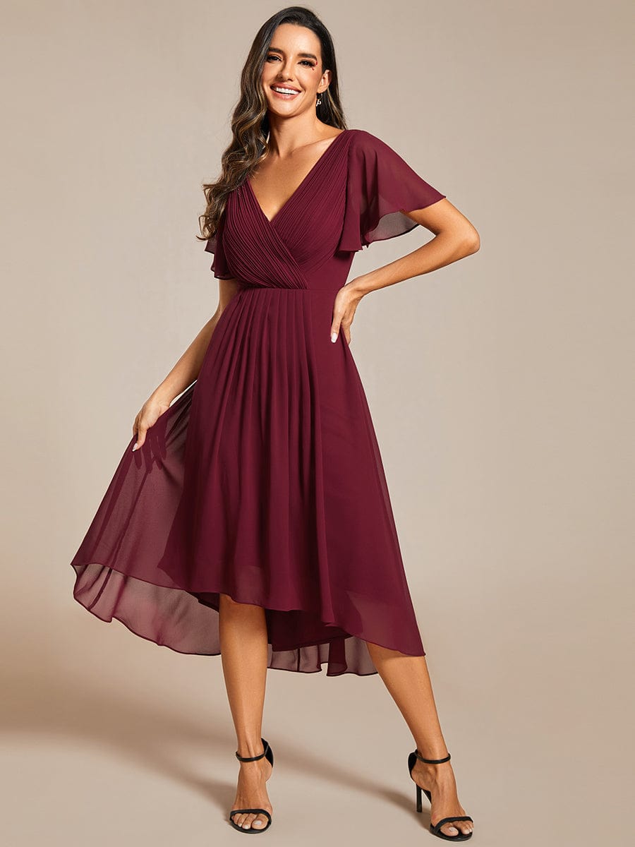 Chic V Neck Asymmetrical Hem Ruffles Sleeve Pleated Chiffon Wedding Guest Dress #color_Burgundy