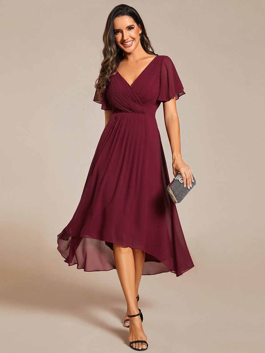 Chic V Neck Asymmetrical Hem Ruffles Sleeve Pleated Chiffon Wedding Guest Dress #color_Burgundy