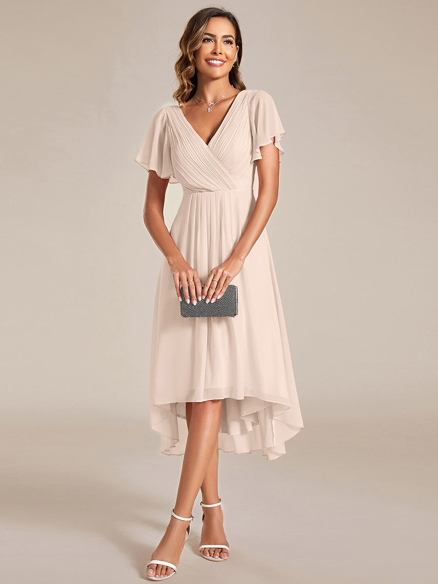 Chic V Neck High-Low Short Sleeve Wedding Guest Dress #color_Blush