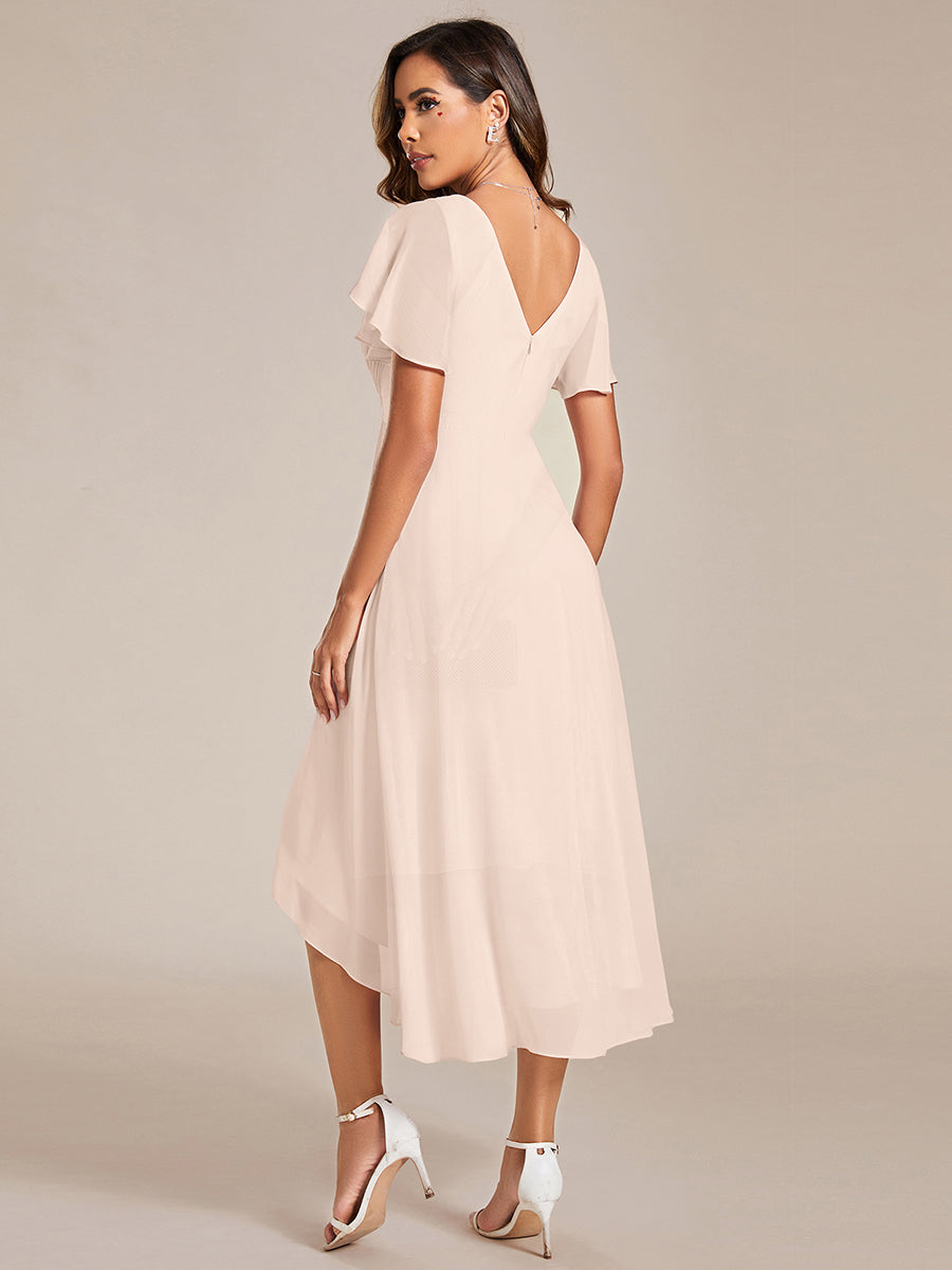 Chic V Neck High-Low Short Sleeve Wedding Guest Dress #color_Blush