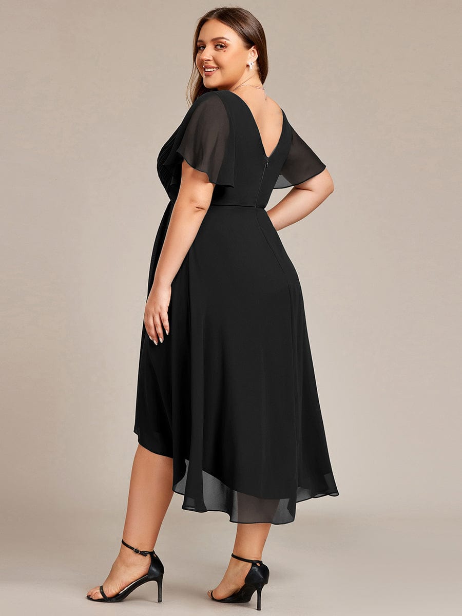 Pleated Asymmetrical Hem Ruffles Sleeve Chiffon Bridesmaid Dress #color_Black