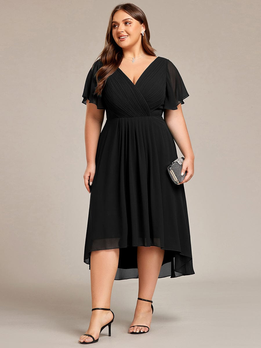 Pleated Asymmetrical Hem Ruffles Sleeve Chiffon Bridesmaid Dress #color_Black