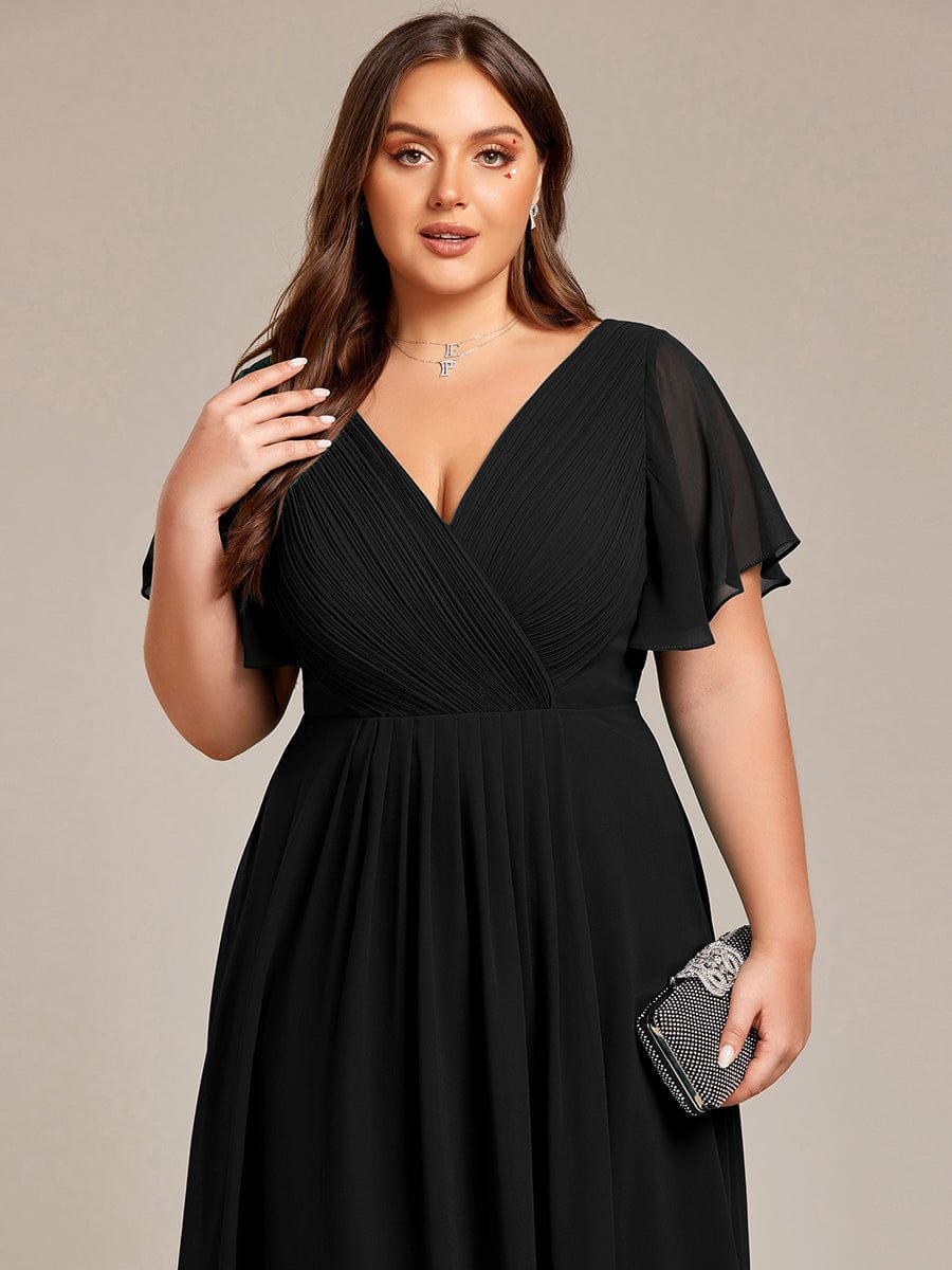 Chic V Neck Asymmetrical Hem Ruffles Sleeve Pleated Chiffon Wedding Guest Dress #color_Black