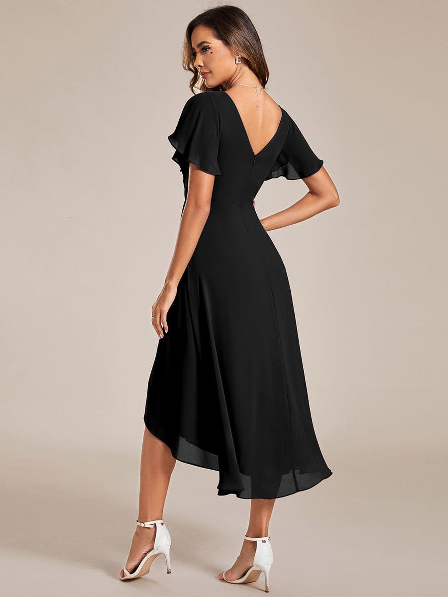 Pleated Asymmetrical Hem Ruffles Sleeve Chiffon Bridesmaid Dress #color_Black