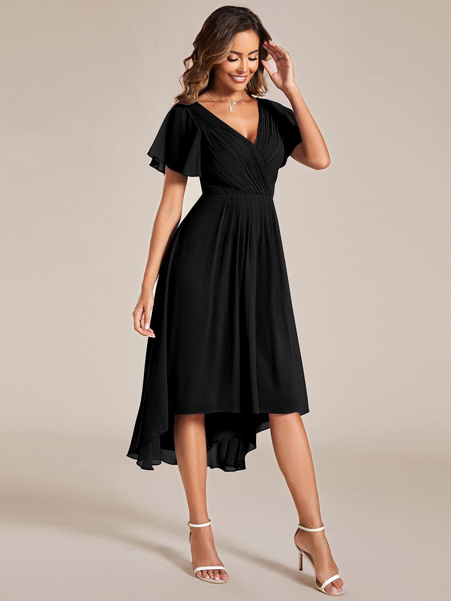 Pleated Asymmetrical Hem Ruffles Sleeve Chiffon Bridesmaid Dress #color_Black