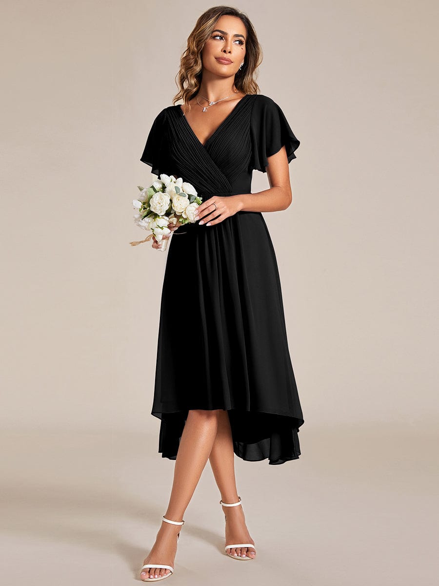 Chic V Neck Asymmetrical Hem Ruffles Sleeve Pleated Chiffon Wedding Guest Dress #color_Black