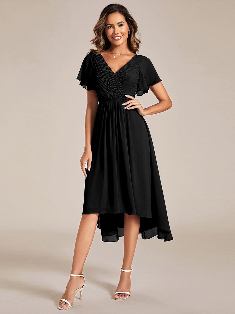 Pleated Asymmetrical Hem Ruffles Sleeve Chiffon Bridesmaid Dress #color_Black