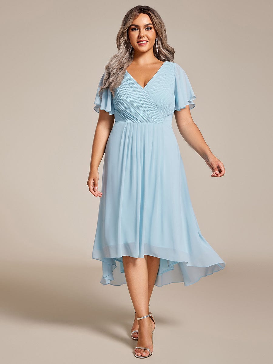 Custom Size Chic V Neck Asymmetrical Hem Ruffles Sleeve Pleated Chiffon Wedding Guest Dress #color_Sky Blue