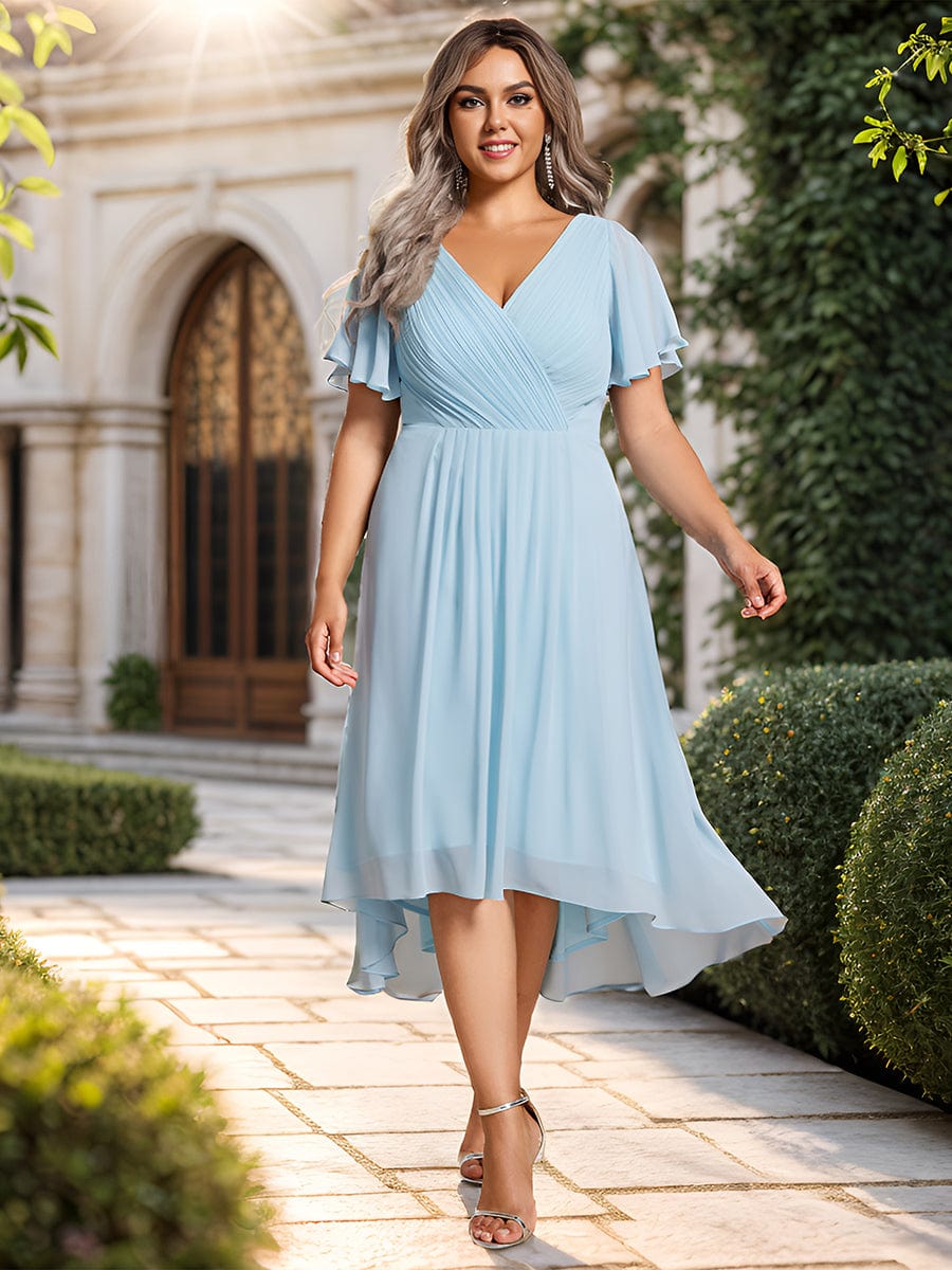 Pleated Asymmetrical Hem Ruffles Sleeve Chiffon Bridesmaid Dress #color_Sky Blue