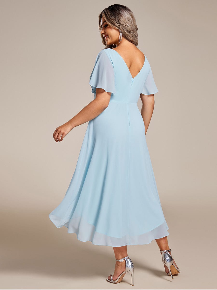 Custom Size Chic V Neck Asymmetrical Hem Ruffles Sleeve Pleated Chiffon Wedding Guest Dress #color_Sky Blue