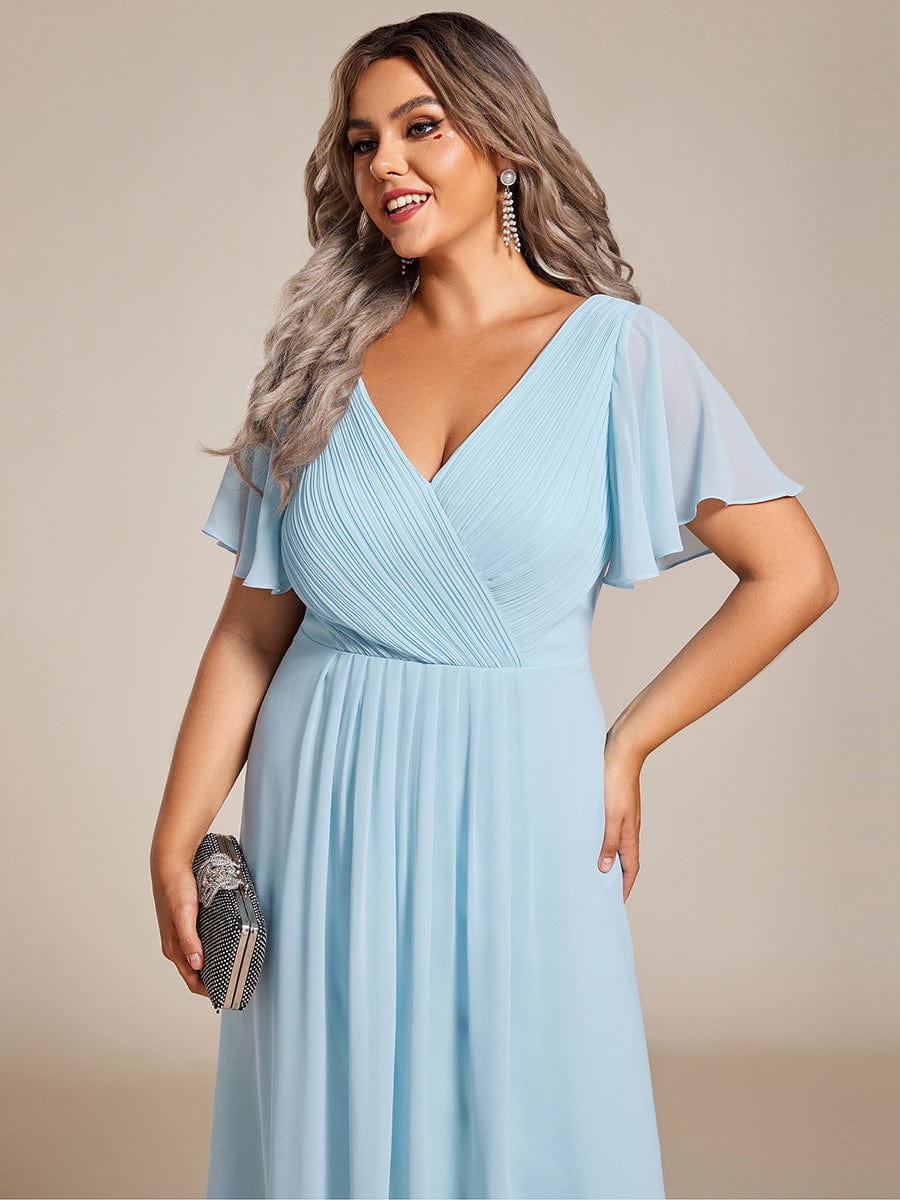 Custom Size Chic V Neck Asymmetrical Hem Ruffles Sleeve Pleated Chiffon Wedding Guest Dress #color_Sky Blue