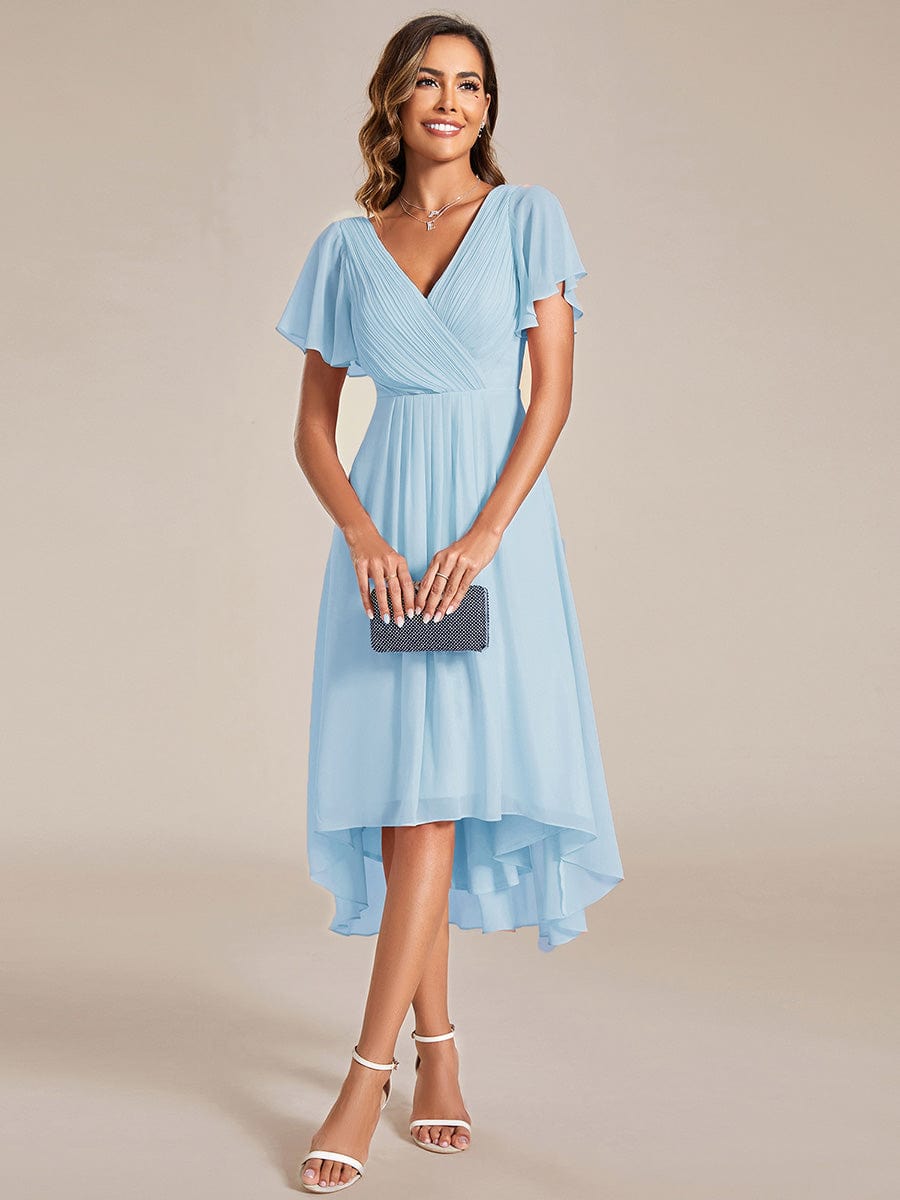 Custom Size Chic V Neck Asymmetrical Hem Ruffles Sleeve Pleated Chiffon Wedding Guest Dress #color_Sky Blue