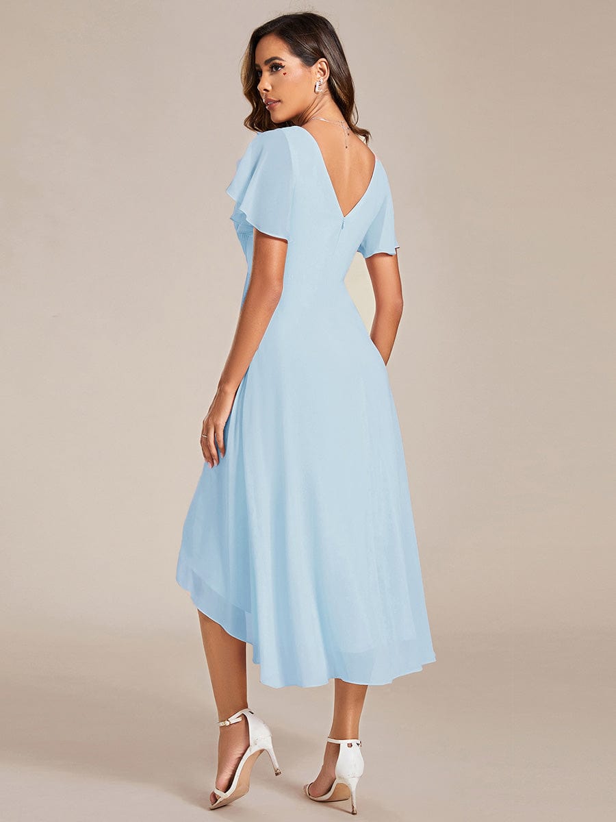 Custom Size Chic V Neck Asymmetrical Hem Ruffles Sleeve Pleated Chiffon Wedding Guest Dress #color_Sky Blue