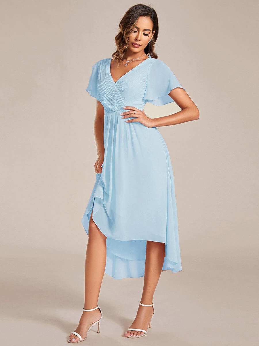 Custom Size Chic V Neck Asymmetrical Hem Ruffles Sleeve Pleated Chiffon Wedding Guest Dress #color_Sky Blue