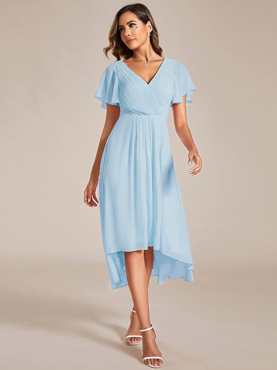 Custom Size Chic V Neck Asymmetrical Hem Ruffles Sleeve Pleated Chiffon Wedding Guest Dress #color_Sky Blue