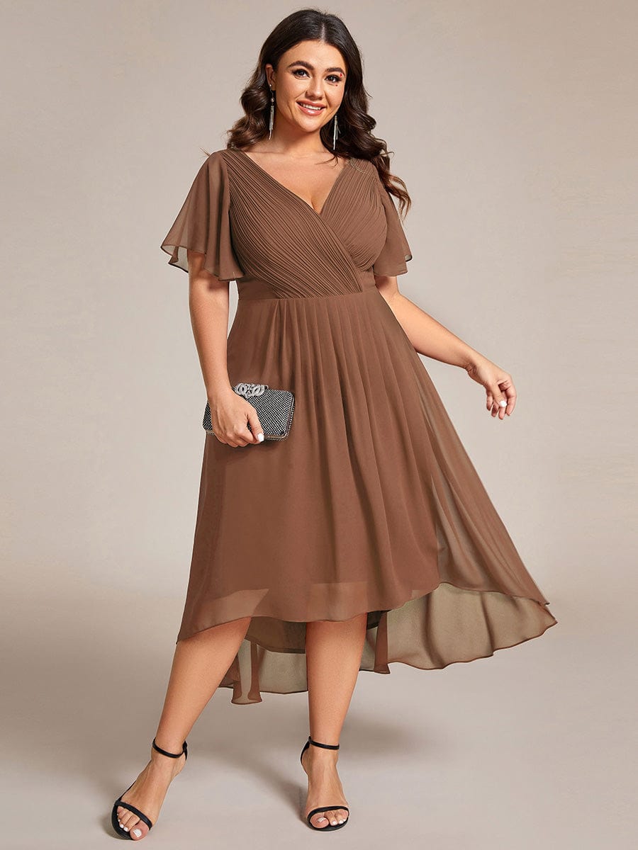 Custom Size Chic V Neck Asymmetrical Hem Ruffles Sleeve Pleated Chiffon Wedding Guest Dress #color_Brown