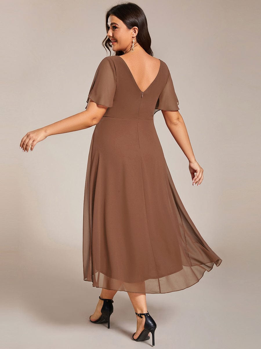 Custom Size Chic V Neck Asymmetrical Hem Ruffles Sleeve Pleated Chiffon Wedding Guest Dress #color_Brown