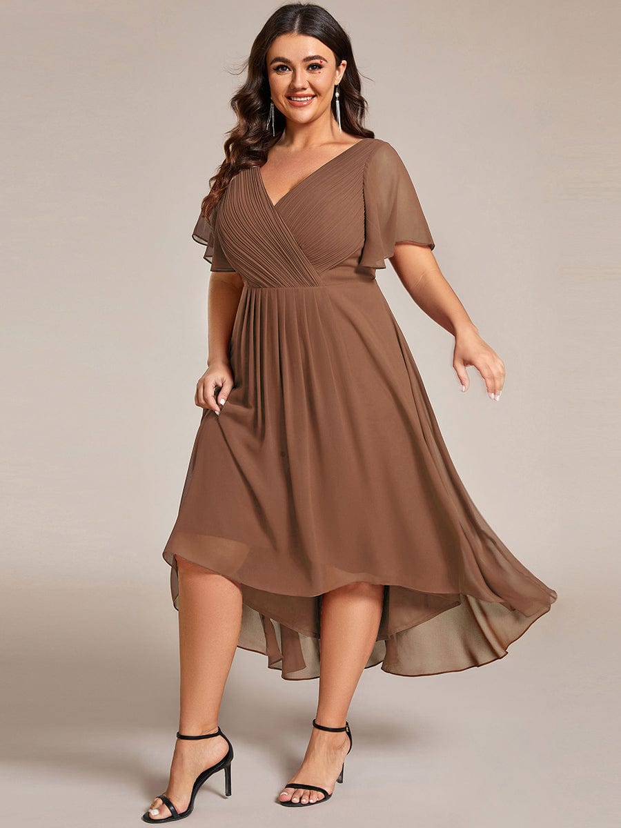 Custom Size Chic V Neck Asymmetrical Hem Ruffles Sleeve Pleated Chiffon Wedding Guest Dress #color_Brown