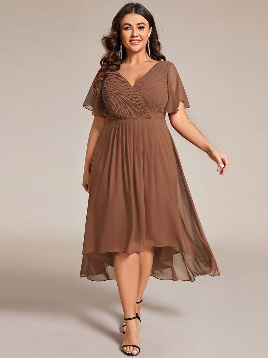 Custom Size Chic V Neck Asymmetrical Hem Ruffles Sleeve Pleated Chiffon Wedding Guest Dress #color_Brown