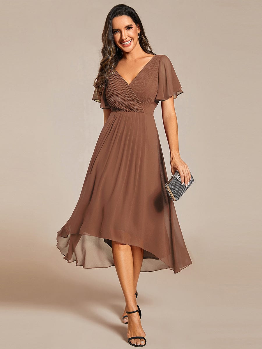 Custom Size Chic V Neck Asymmetrical Hem Ruffles Sleeve Pleated Chiffon Wedding Guest Dress #color_Brown