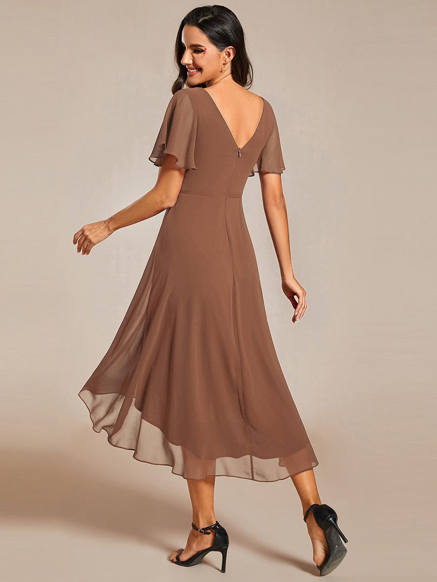 Custom Size Chic V Neck Asymmetrical Hem Ruffles Sleeve Pleated Chiffon Wedding Guest Dress #color_Brown